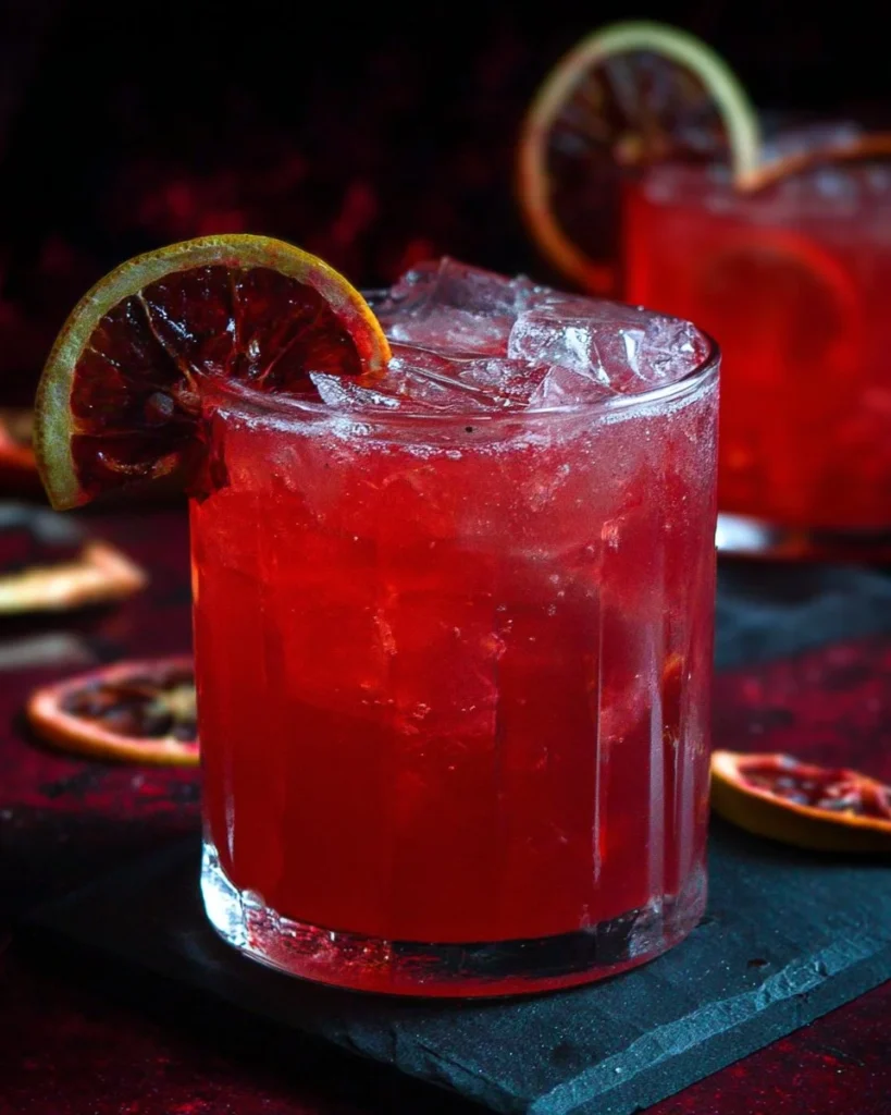 A vibrant Blood Moon mocktail served in a glass garnished with fruits.