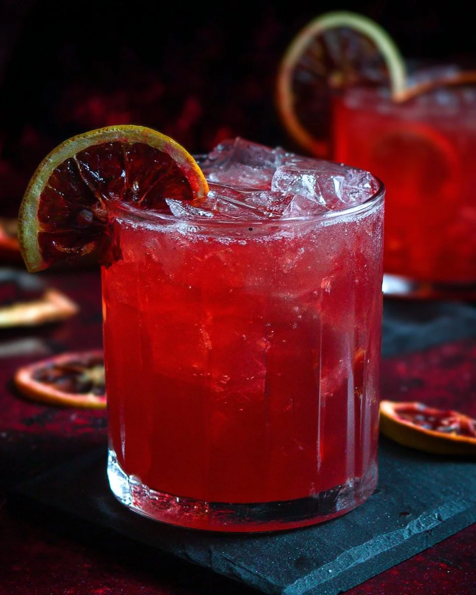 A vibrant Blood Moon mocktail served in a glass garnished with fruits.