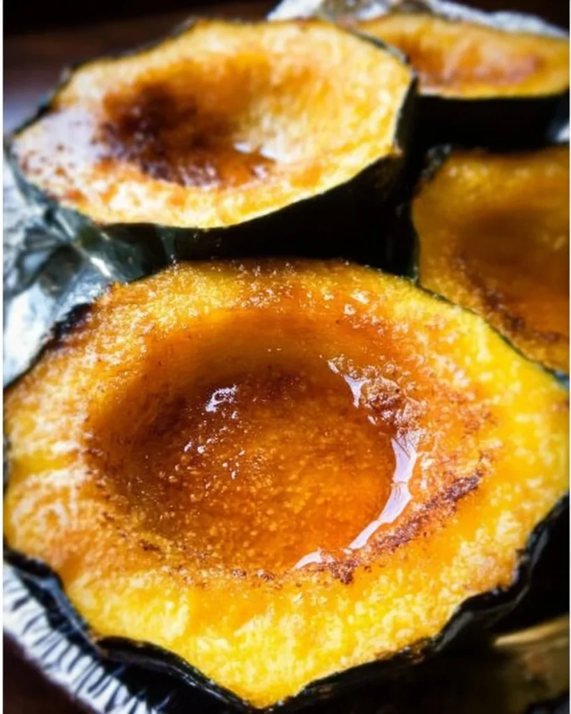 Roasted brown sugar acorn squash on a wooden table with herbs.