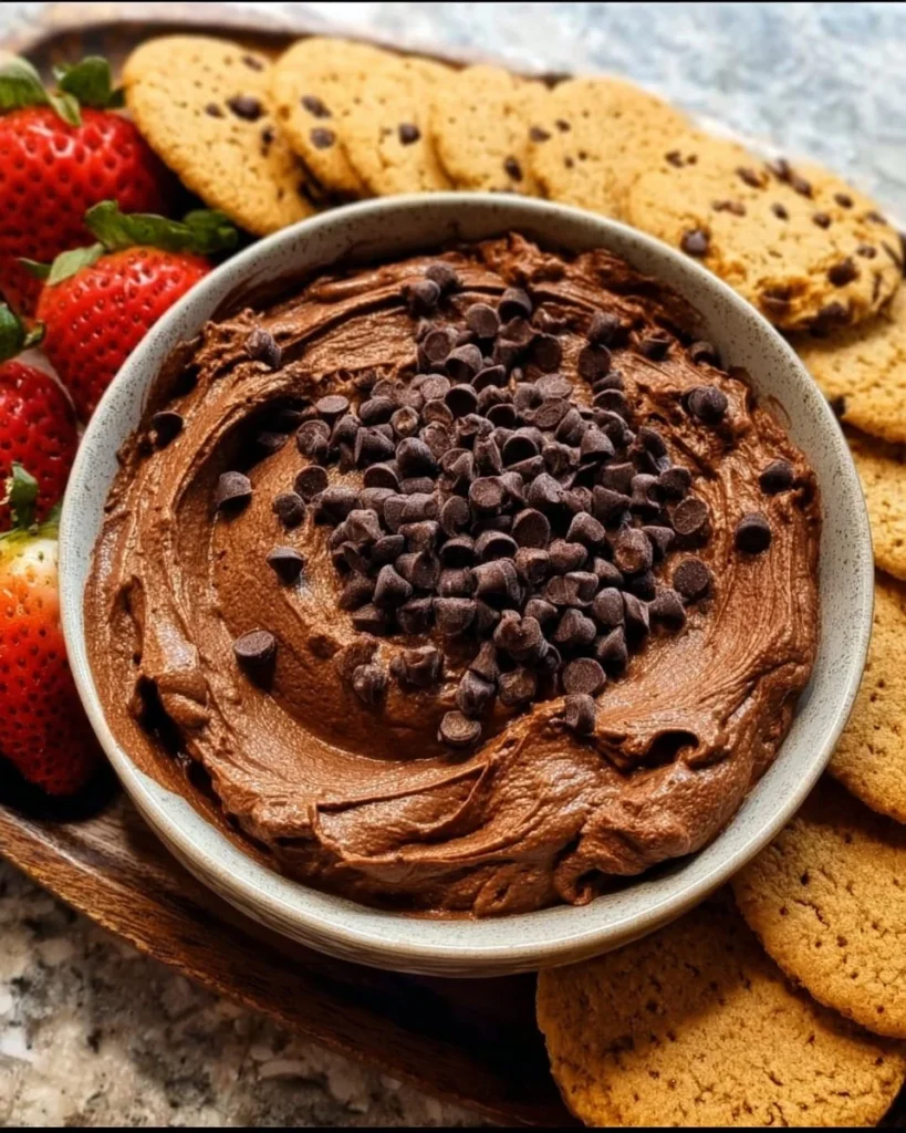 Delicious brownie batter dip served with fruits and snacks