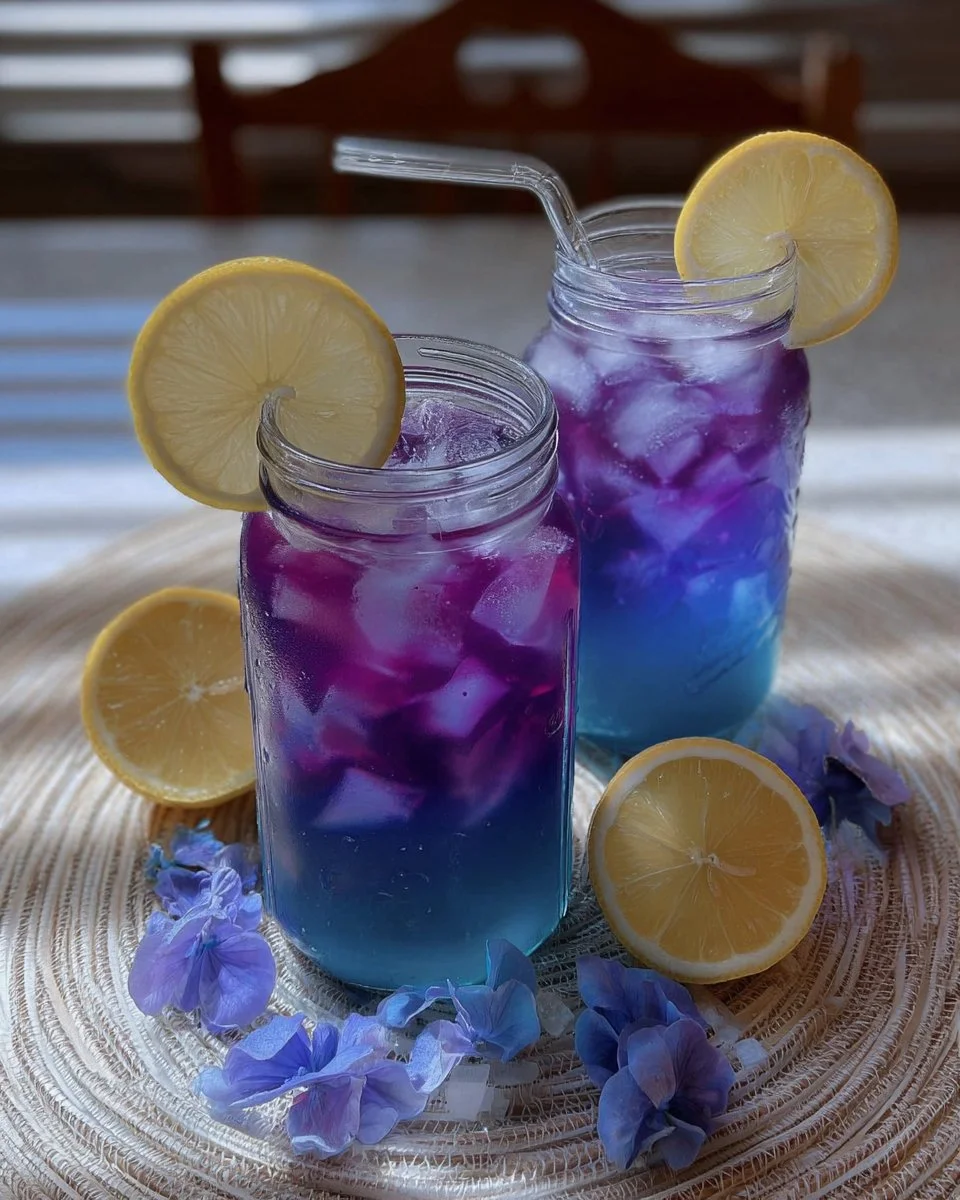 Refreshing Butterfly Pea Flower Lemonade served in a glass with ice and lemon