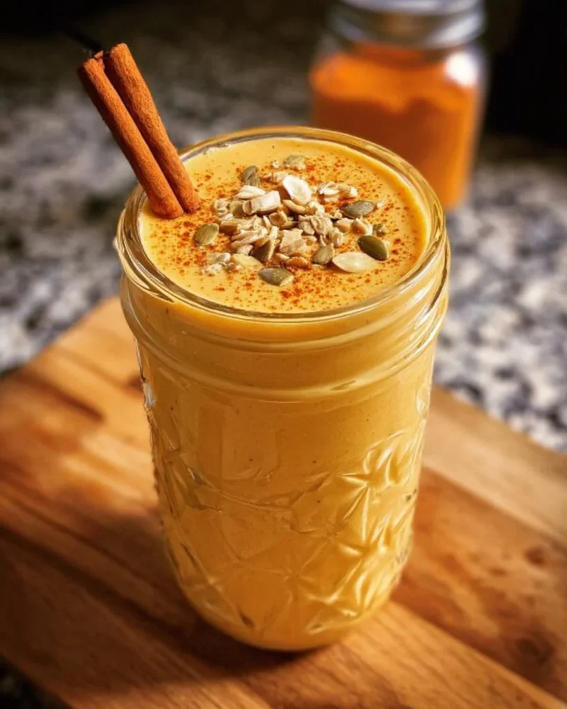 Chai spiced butternut squash smoothie in a glass topped with cinnamon