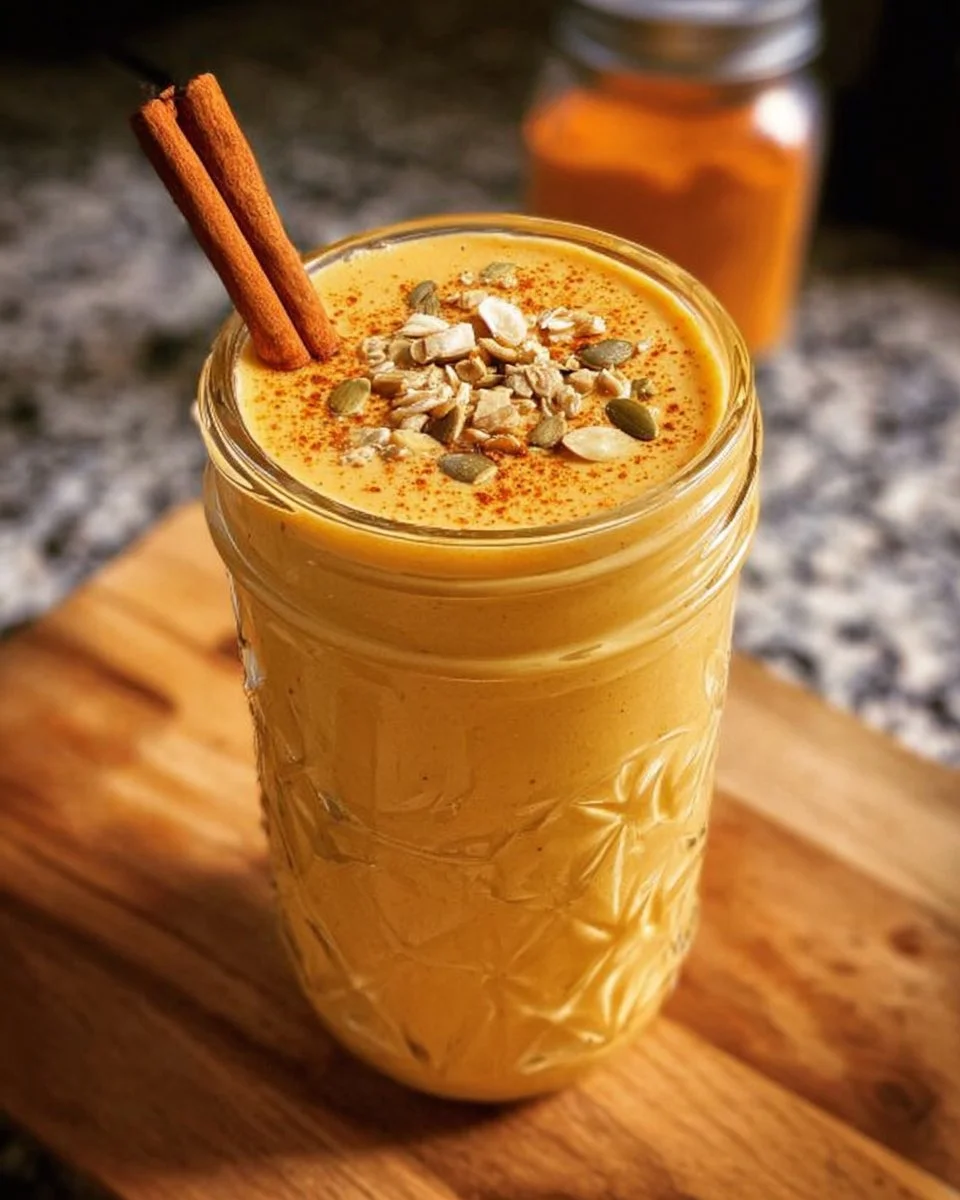 Chai spiced butternut squash smoothie in a glass topped with cinnamon