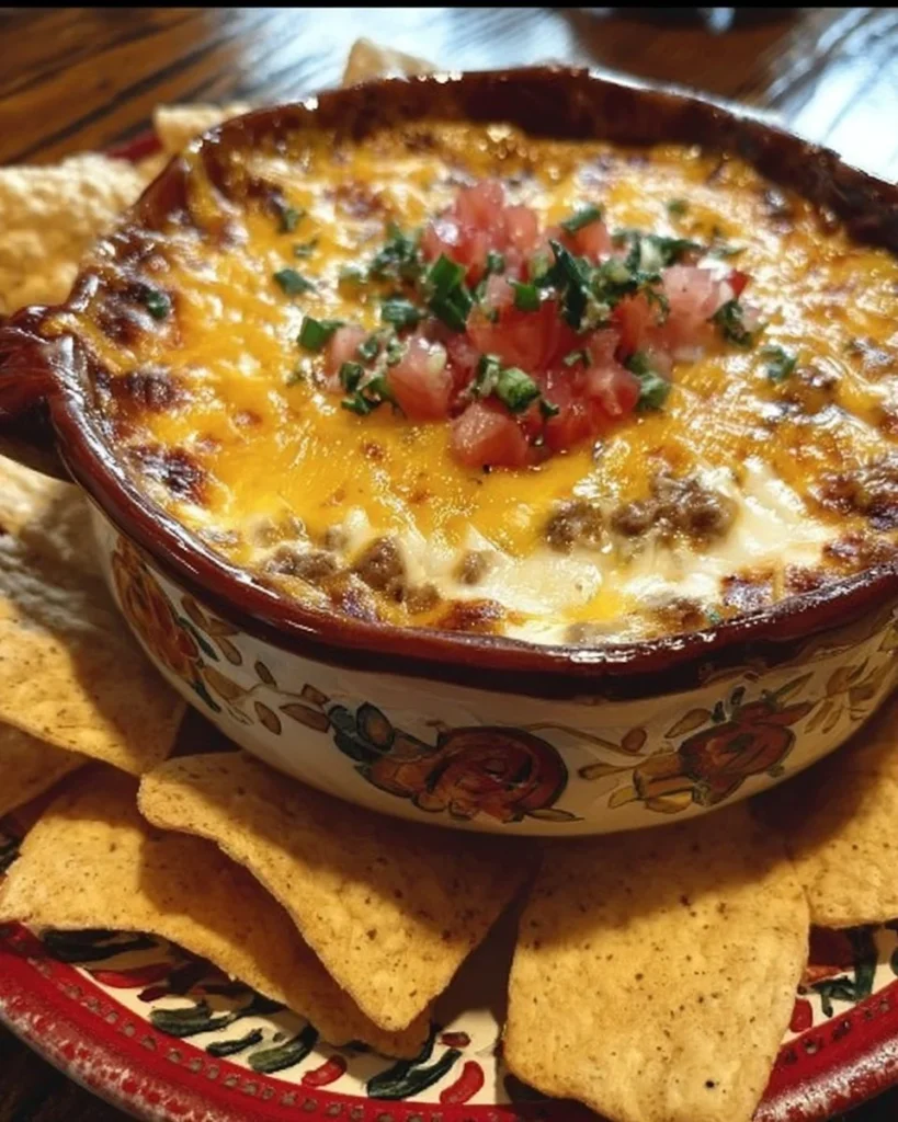 Delicious cheesy bean dip served in a bowl with tortilla chips on the side