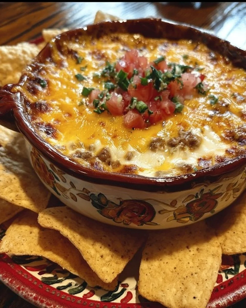 Delicious cheesy bean dip served in a bowl with tortilla chips on the side