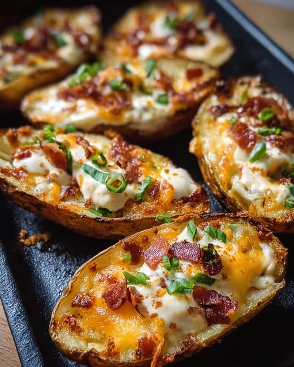 Delicious cheesy potato skins topped with bacon and green onions for game day.