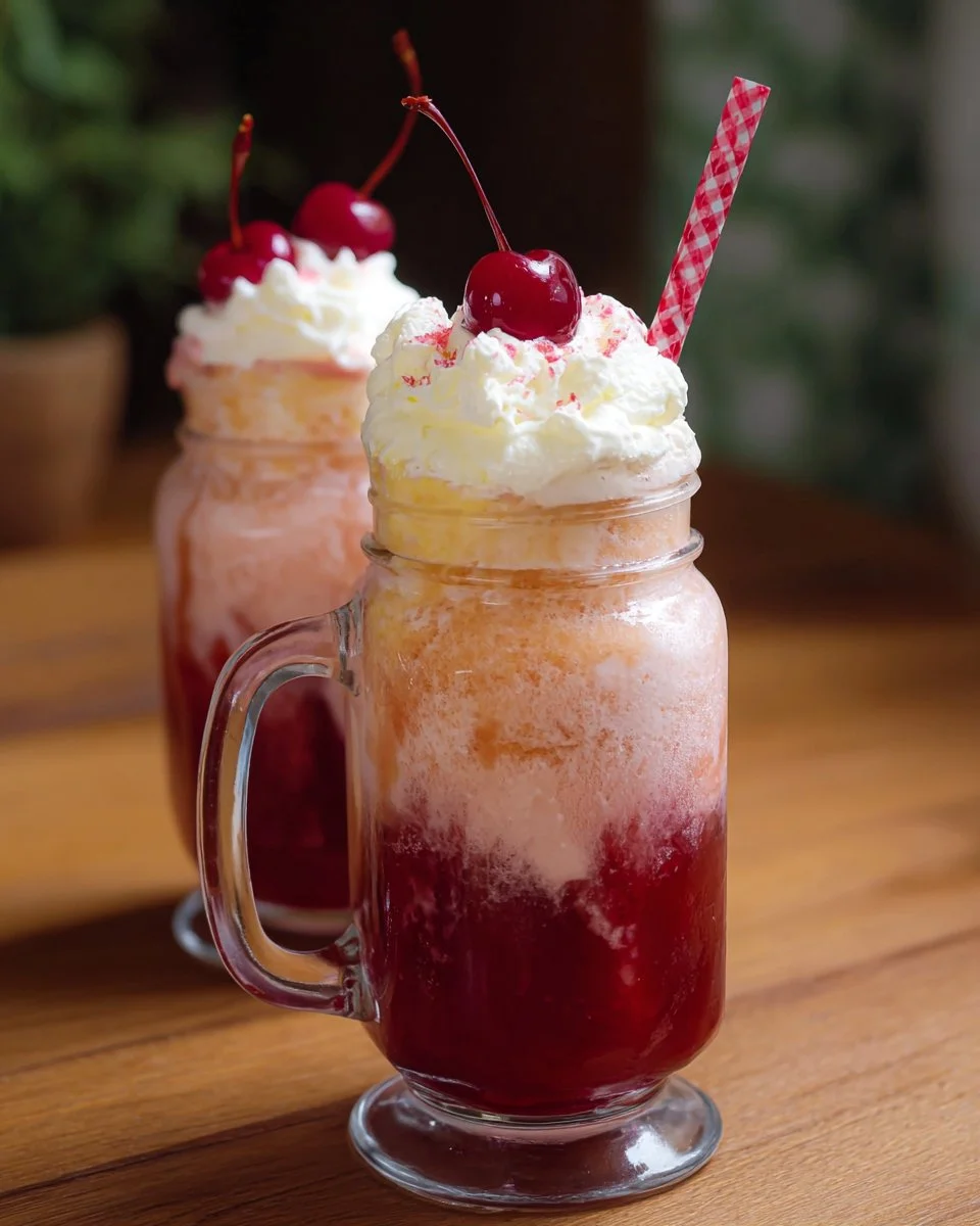 Cherry-Vanilla Cream Soda Floats in a glass with whipped cream and cherry on top