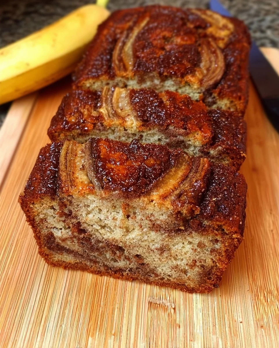 Delicious homemade cinnamon swirl banana bread slices on a wooden plate.