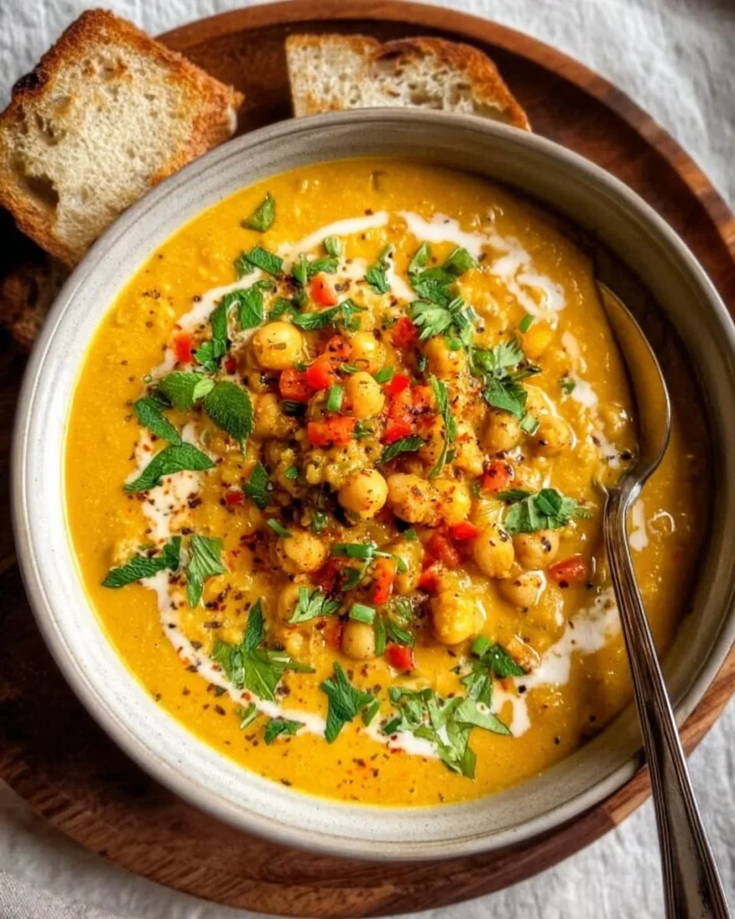 Bowl of Coconut Chickpea Curry Soup topped with fresh herbs and spices.