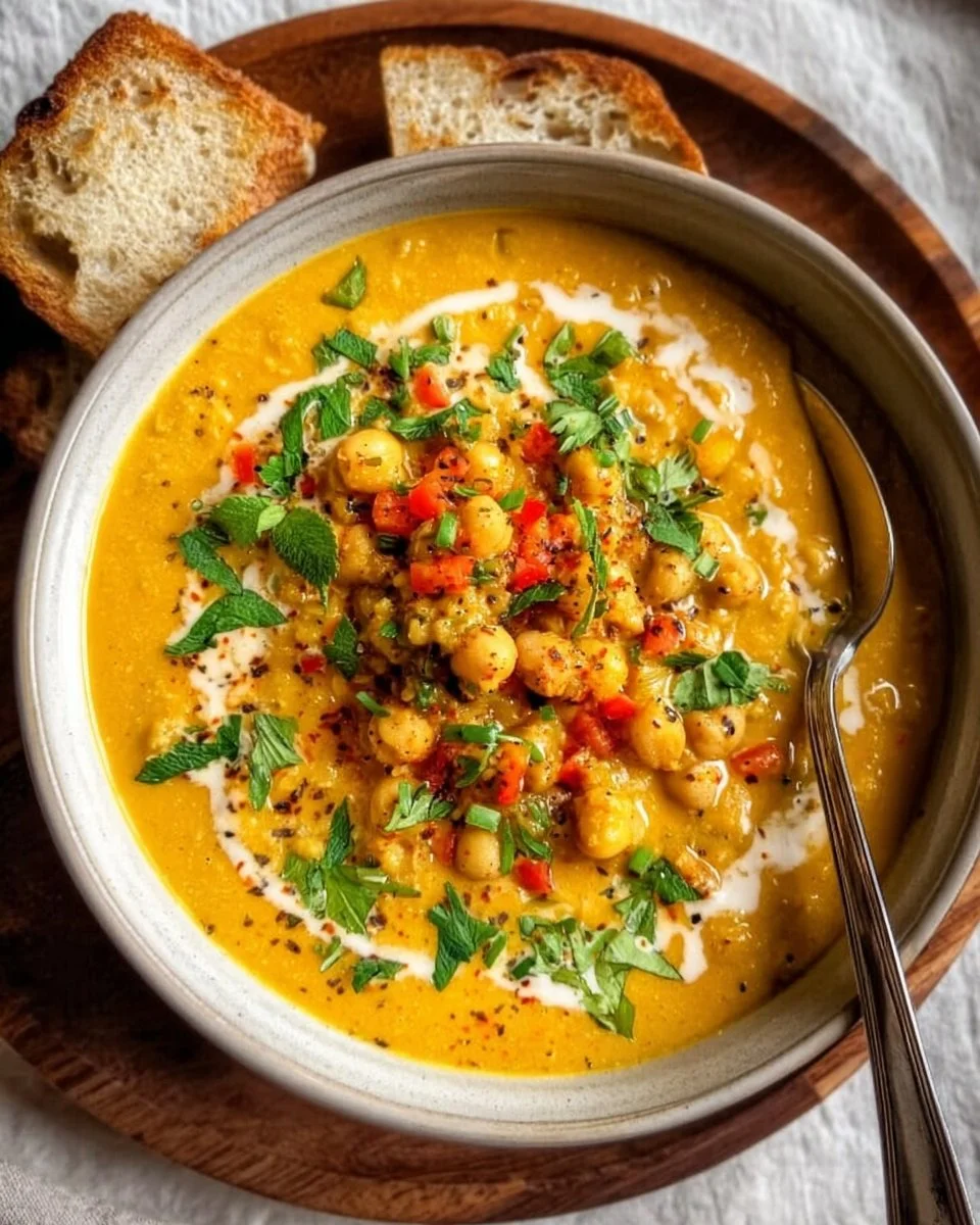 Bowl of Coconut Chickpea Curry Soup topped with fresh herbs and spices.