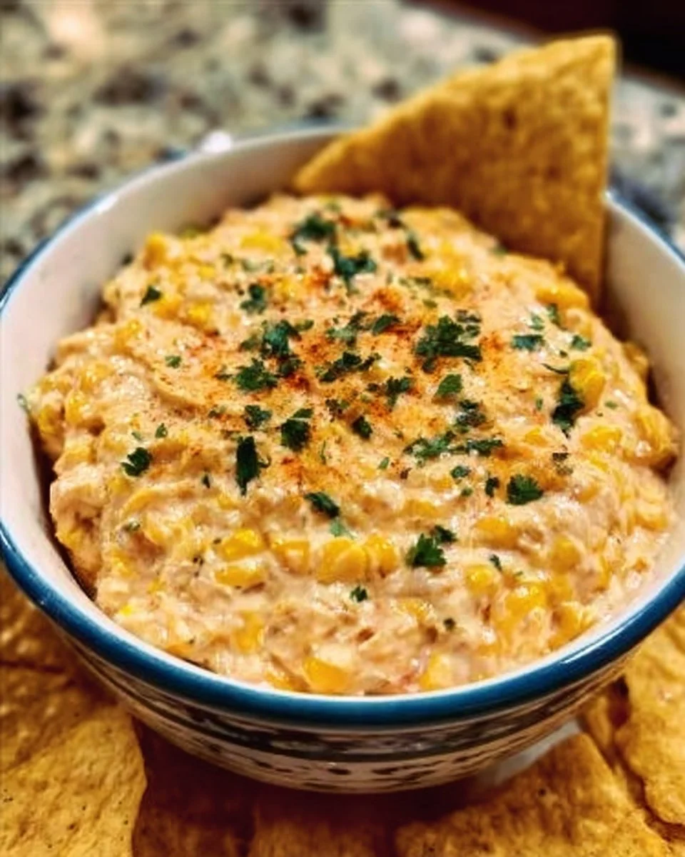Delicious and creamy corn dip served in a bowl with tortilla chips