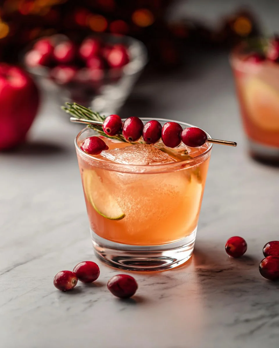 Cran Apple Mocktail in a glass with cranberries and apple slices garnish