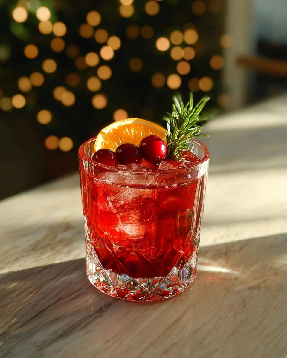 Refreshing Cranberry Kombucha Mocktail served in a glass with ice and garnished.