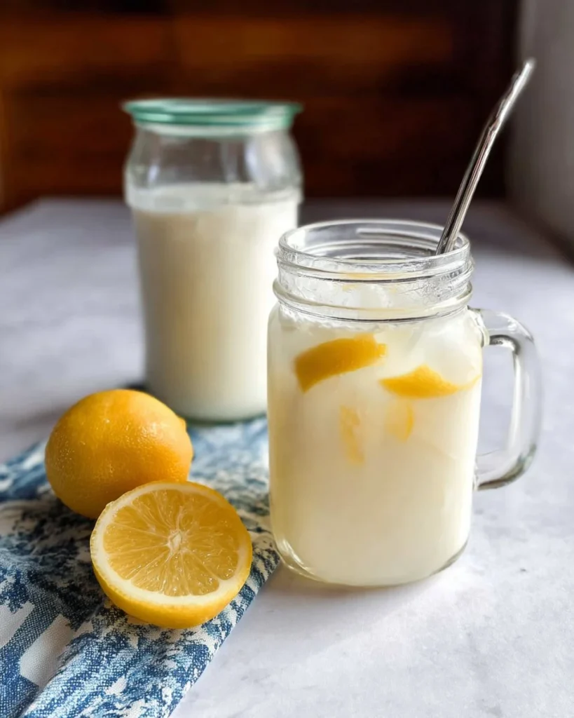 Refreshing creamy lemonade served in a glass with lemon slices and mint leaves.