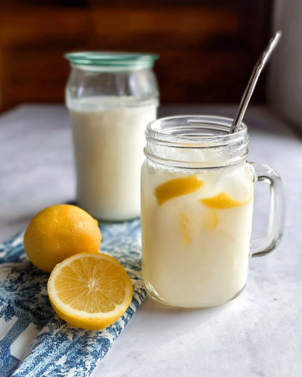 Refreshing creamy lemonade served in a glass with lemon slices and mint leaves.