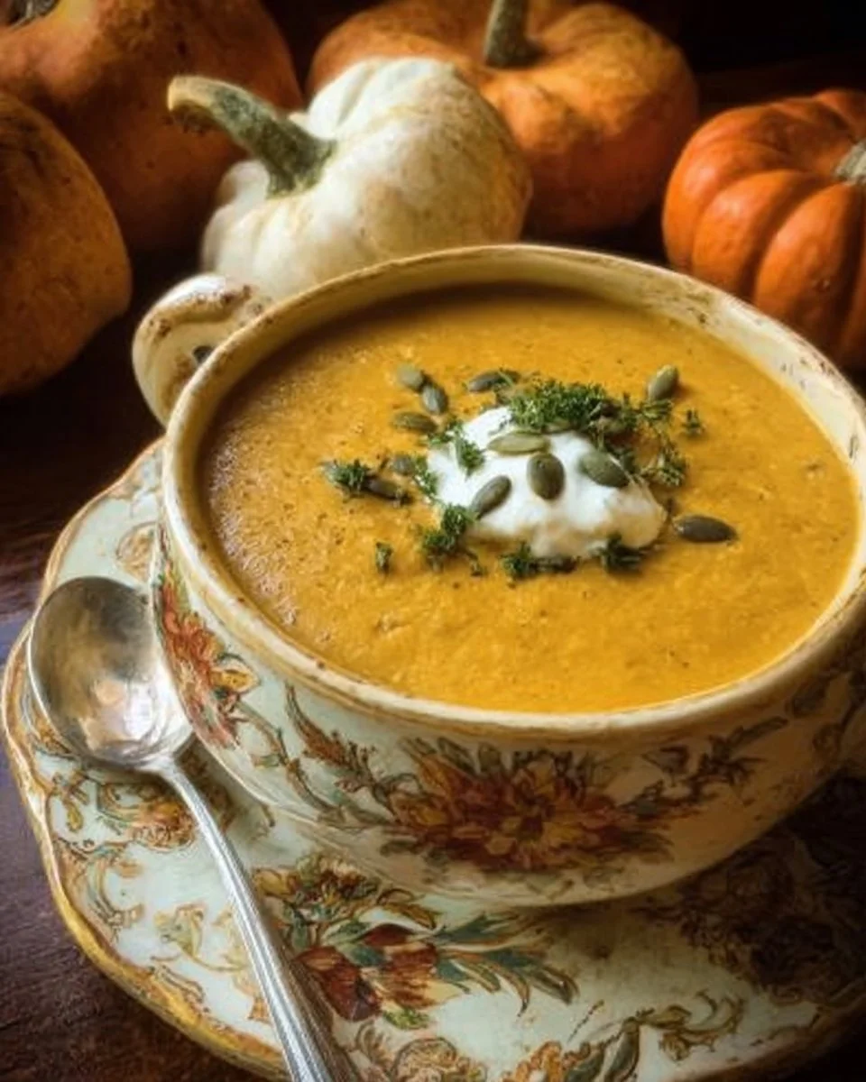 Bowl of creamy pumpkin and acorn squash soup garnished with herbs
