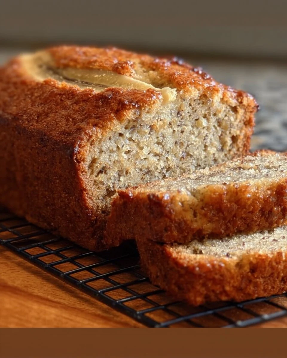 Slice of easy one-bowl banana bread on a wooden cutting board