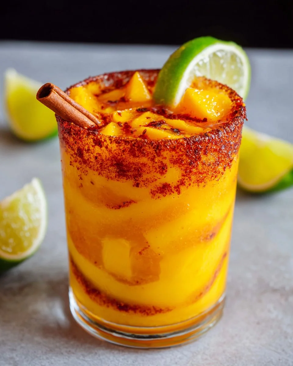 Image of a refreshing Mango Tajín Cooler with mango slices and Tajín seasoning.