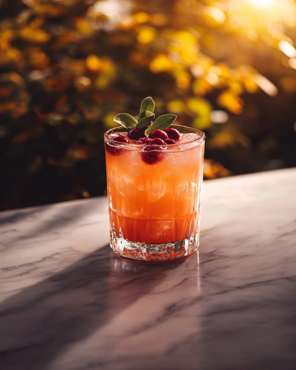 Colorful Fall Sunrise Mocktail served in a glass, showcasing autumn fruits and flavors.