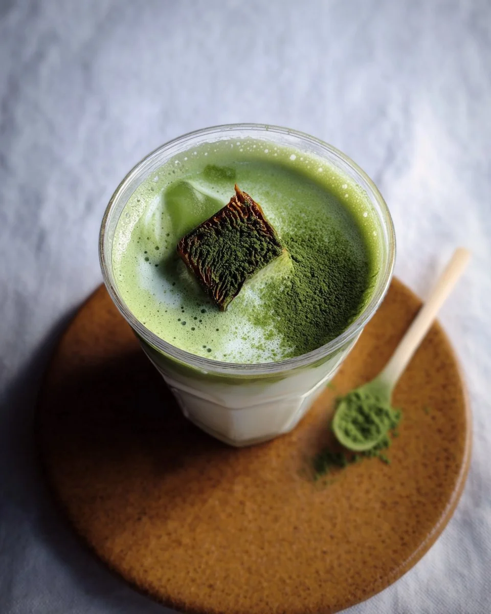 Fig Vanilla Matcha Latte in a cup with vibrant colors and a sprinkle of matcha powder