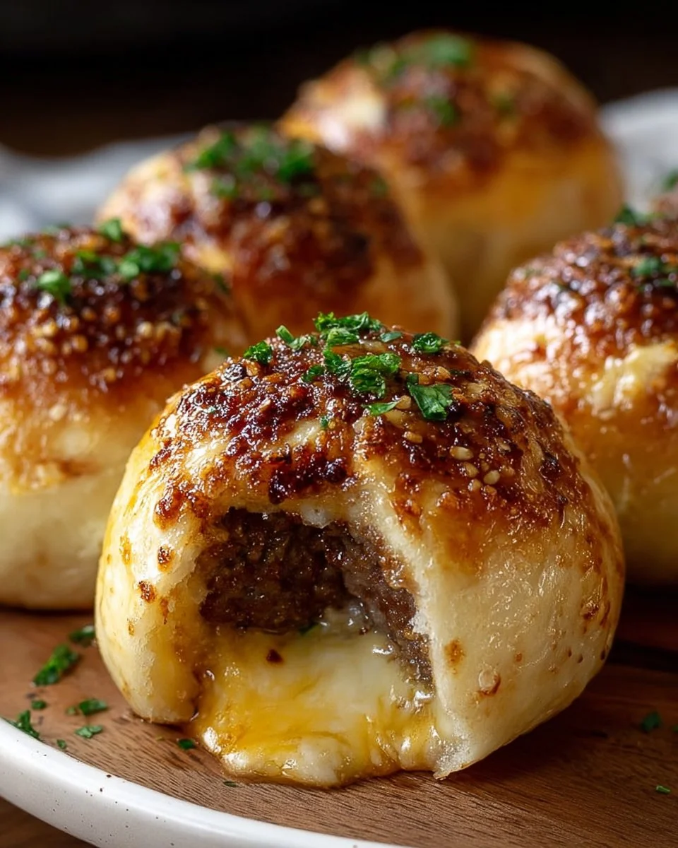 Delicious Garlic Parmesan Cheeseburger Bombs with melted cheese