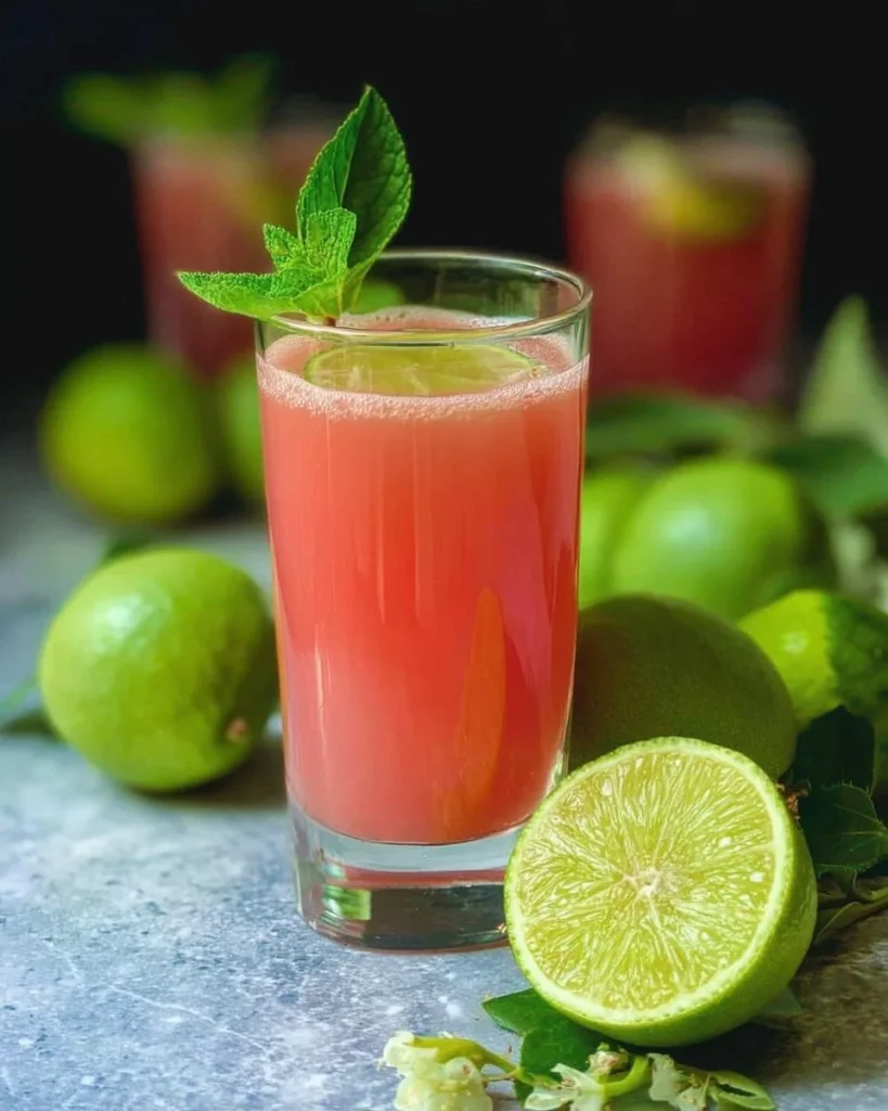 Refreshing Ghoulish Guava Lime Mist drink showcasing vibrant colors and spooky decor
