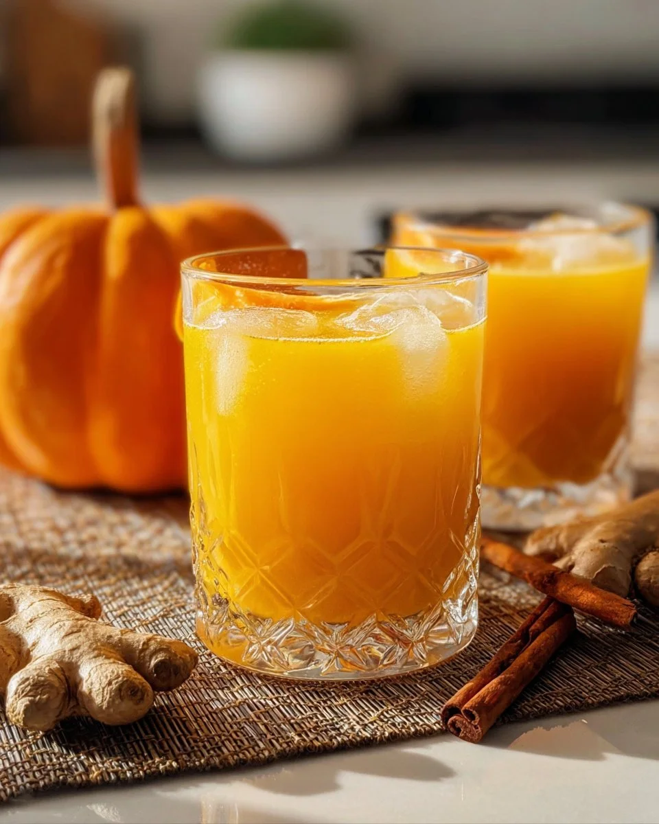 Ginger Pumpkin Fizz mocktail garnished with pumpkin spice and fresh ginger