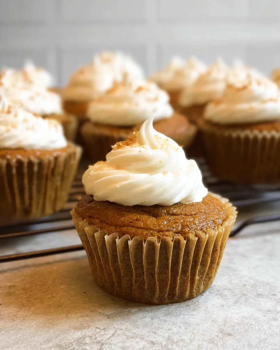 Gluten-free pumpkin cupcakes topped with cream cheese frosting.