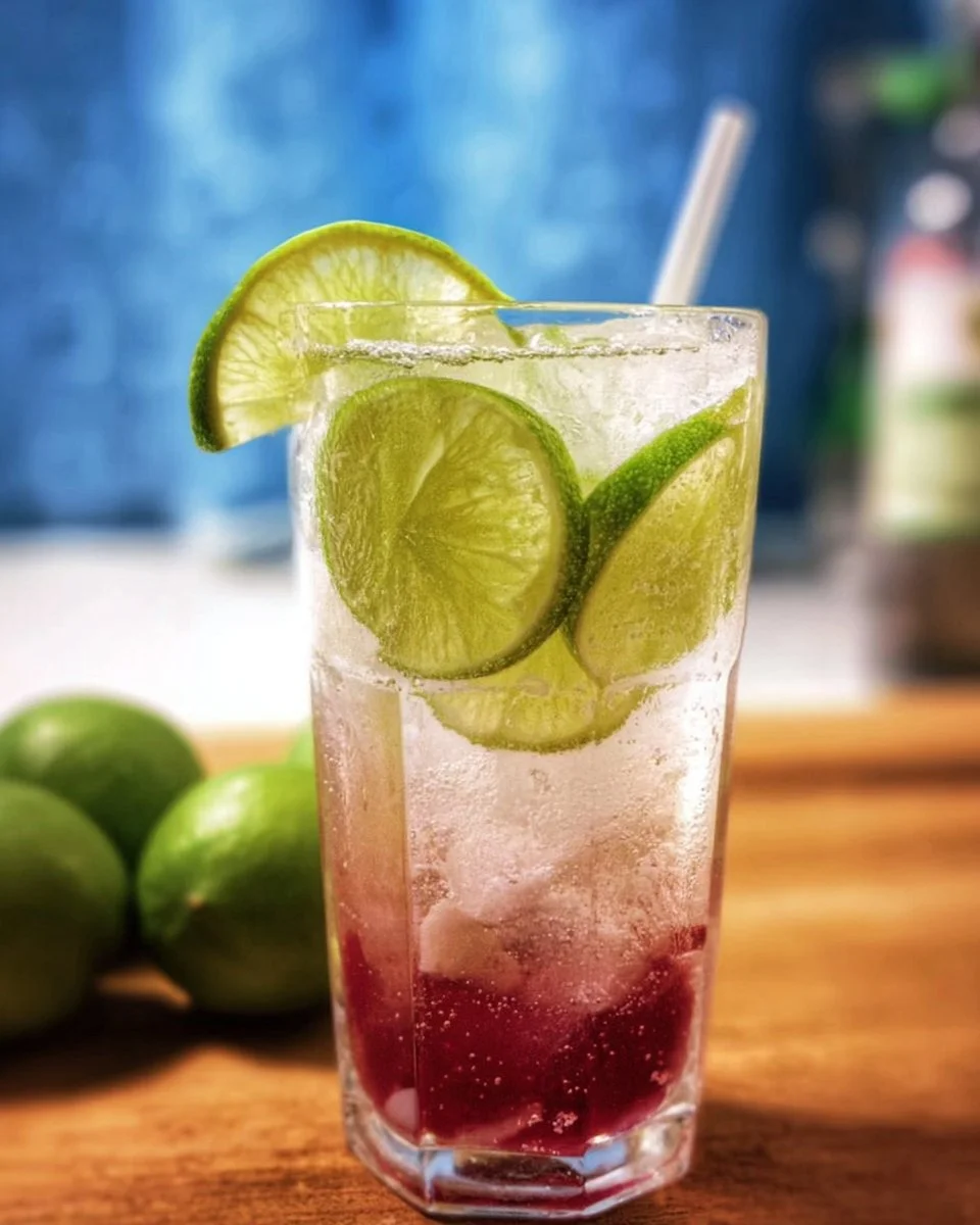 Refreshing Grape-Lime Rickey drink served in a glass with lime slices