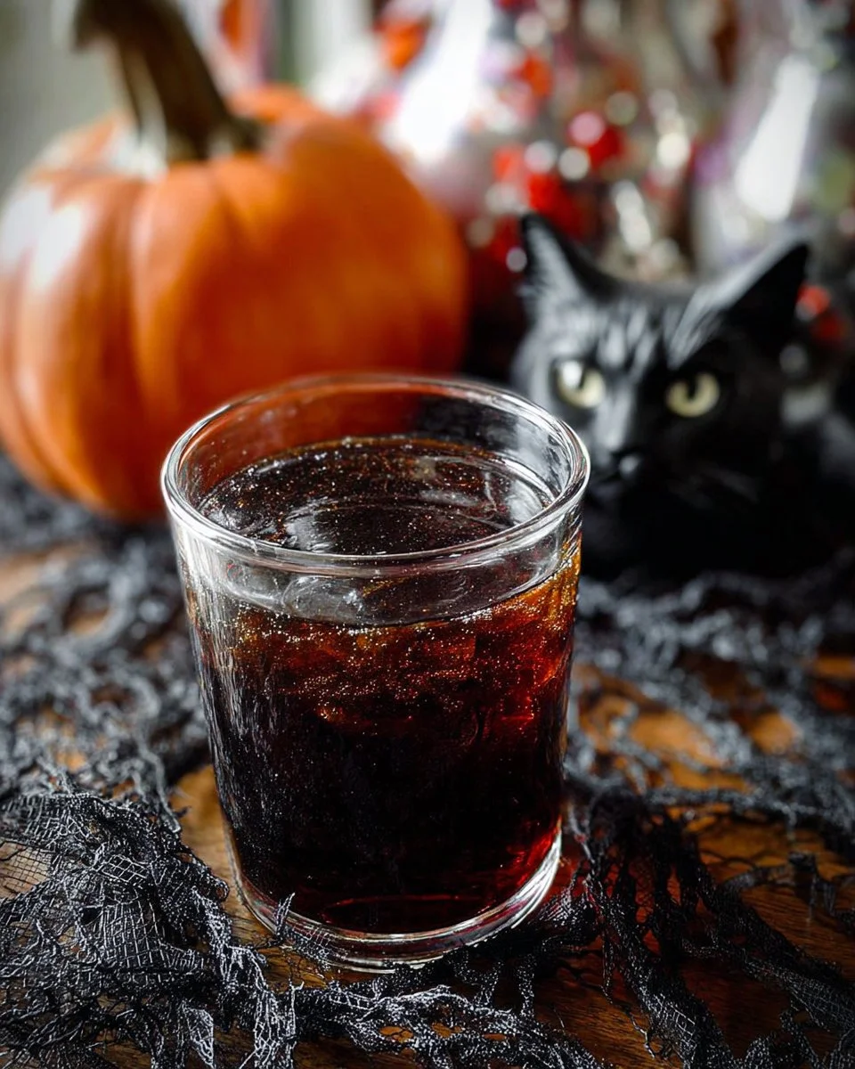Halloween Black Cat Cola Punch served in a spooky glass with decorations