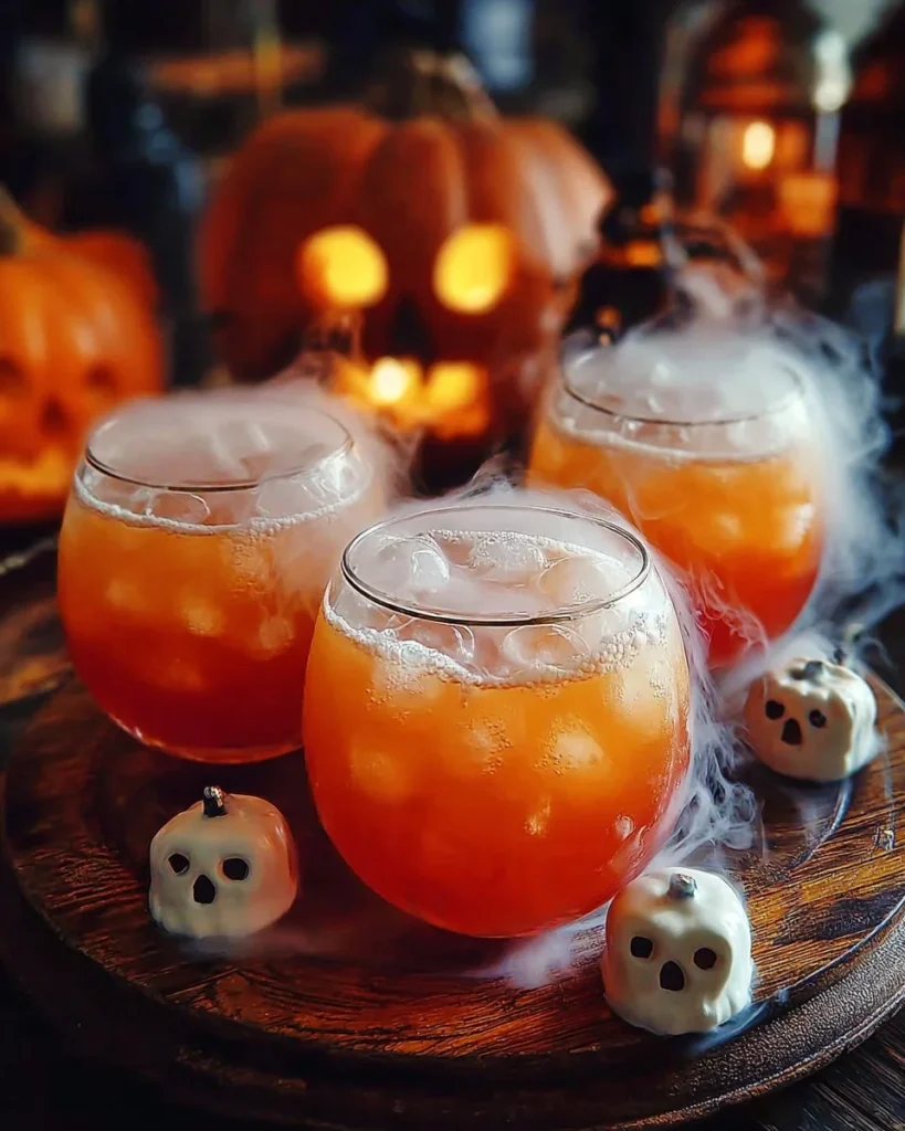A spooky Halloween Fog Punch served in a glass with ghostly fog effects.