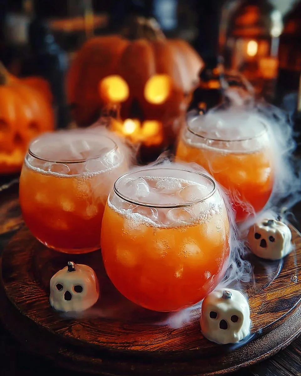 A spooky Halloween Fog Punch served in a glass with ghostly fog effects.