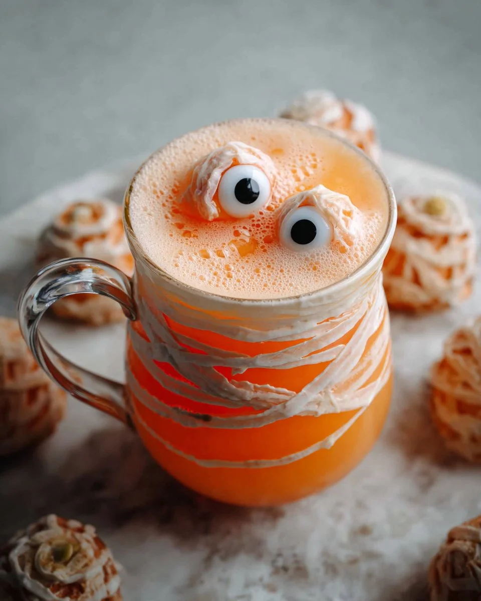 A spooky Halloween Mummy Punch served in a festive bowl with decorative garnishes.