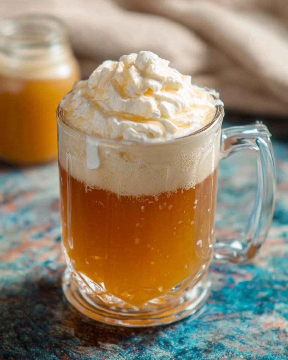 Homemade Harry Potter Butterbeer served in a frosty mug with whipped cream