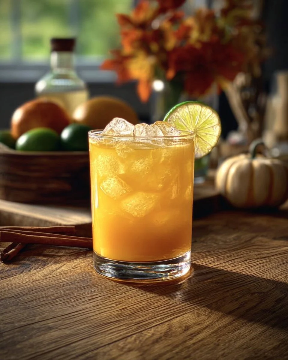 A vibrant fall mocktail garnished with autumn spices and fruits, showcasing seasonal flavors.
