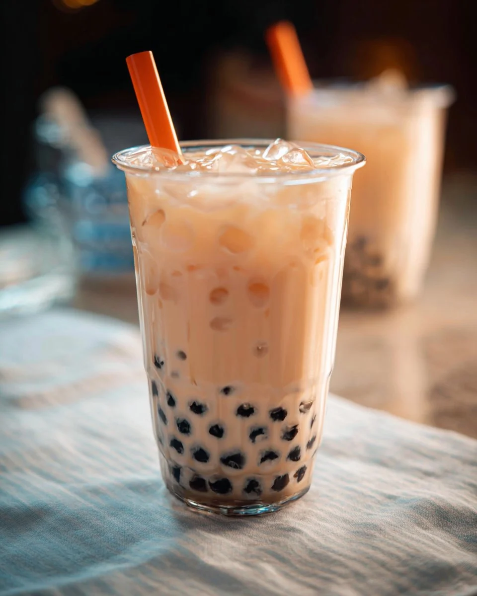A cup of refreshing homemade boba milk tea with tapioca pearls