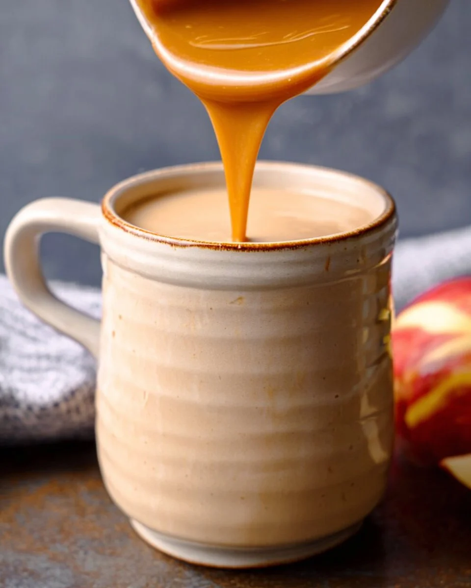 Homemade caramel apple creamer in a glass with apples and caramel sauce