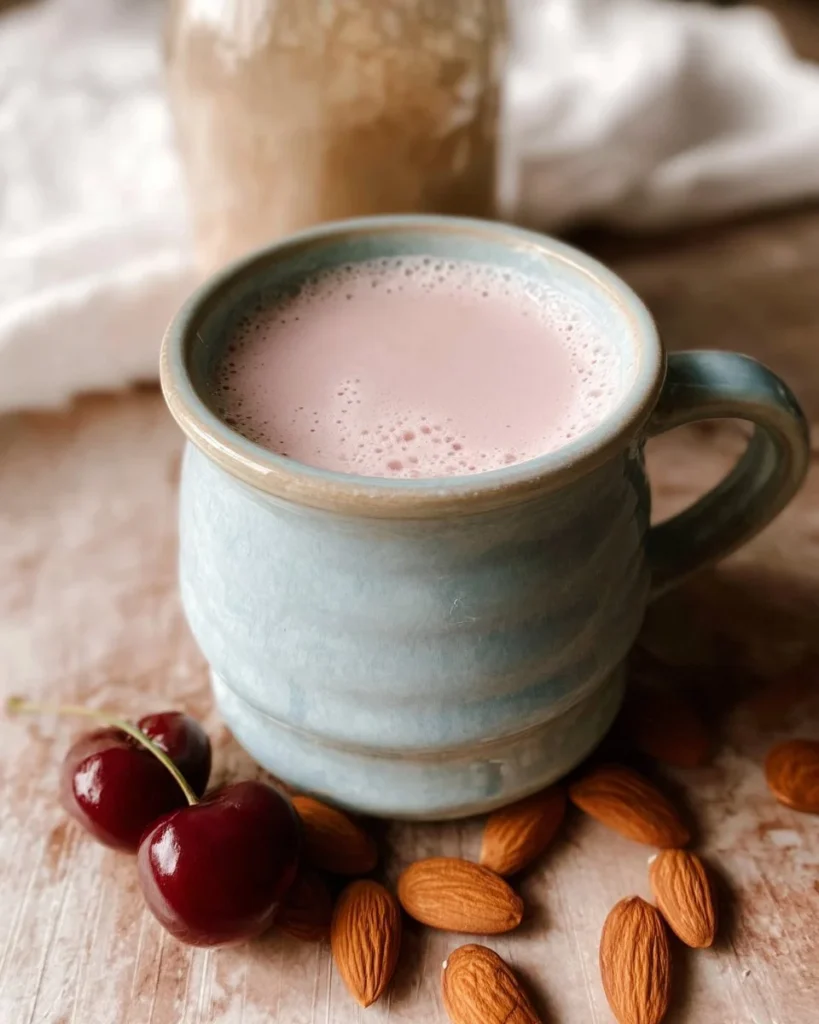 Homemade Cherry Almond Creamer in a glass jar with cherries and almonds