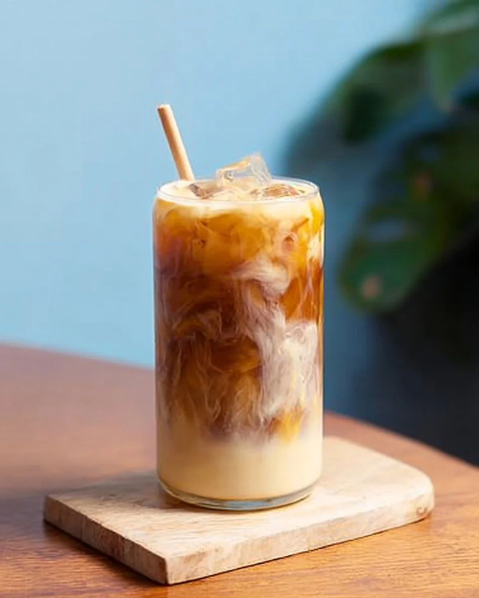 A refreshing glass of Iced Sticky Chai garnished with spices
