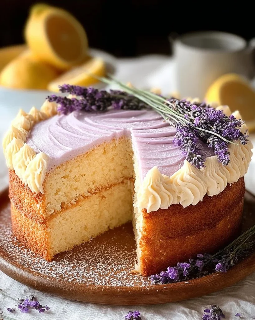 Lemon Lavender Summer Cake with fresh flowers and lemon slices