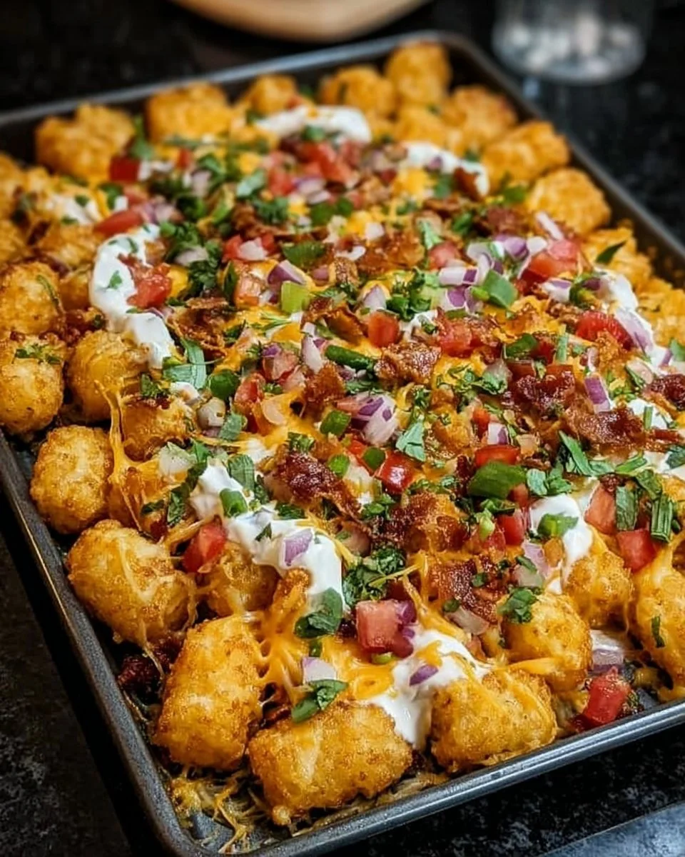 Delicious loaded tater tot nachos topped with cheese and jalapenos