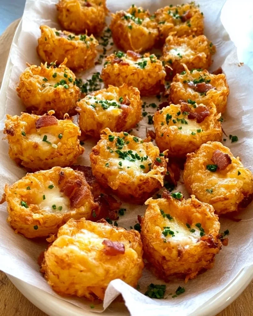 Delicious loaded tater tots topped with cheese, bacon, and green onions.