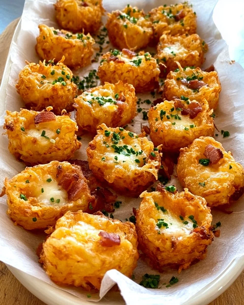 Delicious loaded tater tots topped with cheese, bacon, and green onions.