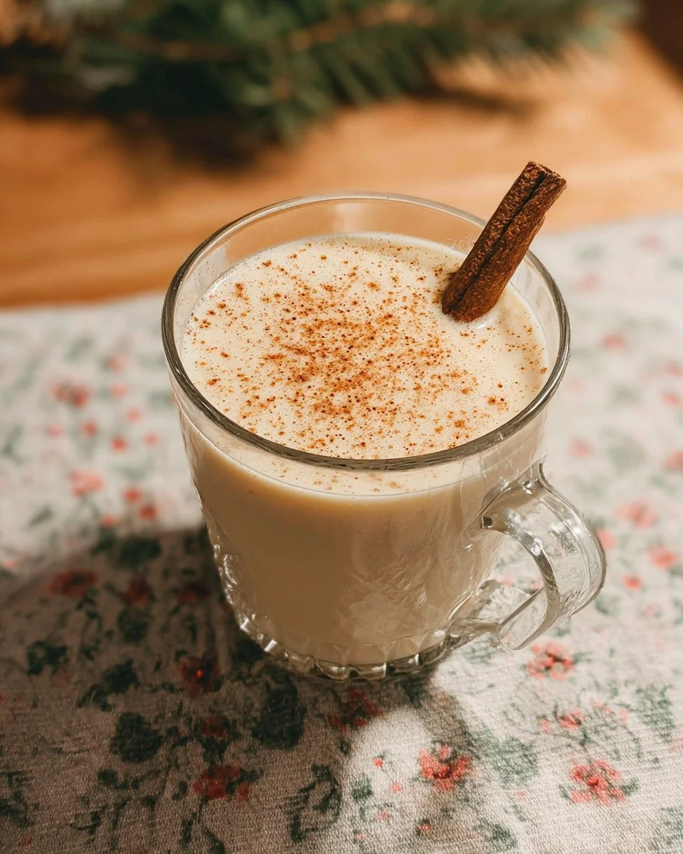 A glass of low-carb keto eggnog garnished with cinnamon and nutmeg