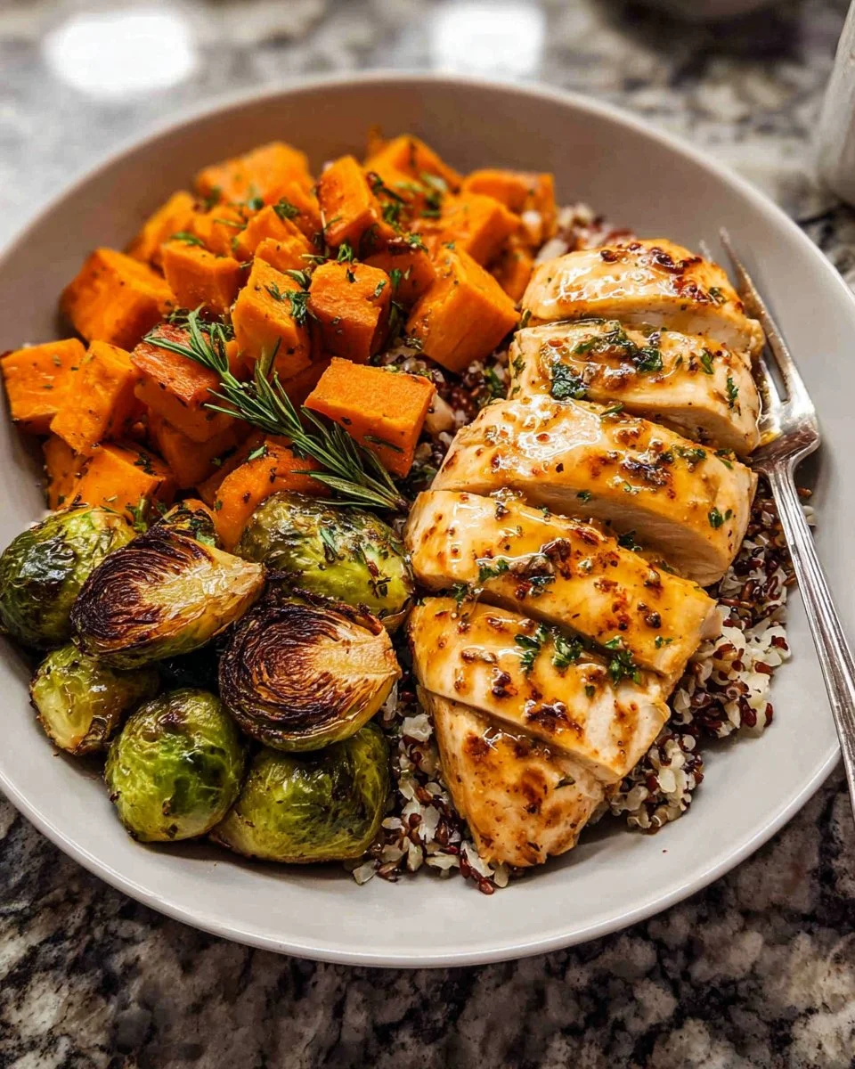 Maple Dijon Chicken breast served with sweet potatoes and Brussels sprouts