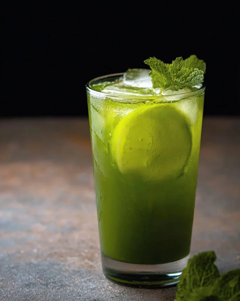 Chilled Midnight Matcha Mint Cooler served in a glass with mint leaves