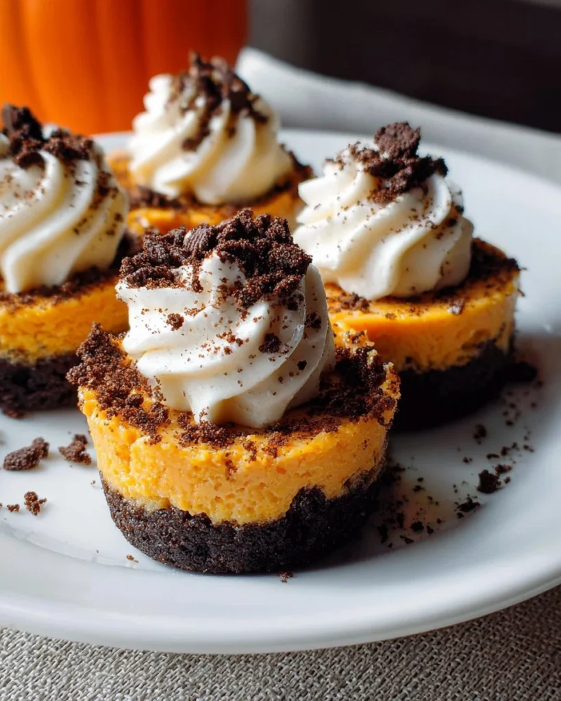 Mini Pumpkin Oreo Cheesecakes topped with whipped cream
