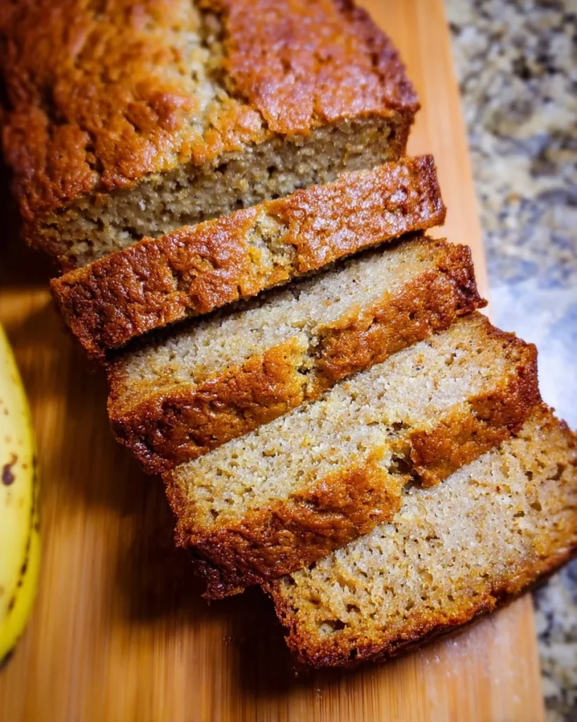 Loaf of moist banana bread on a wooden cutting board