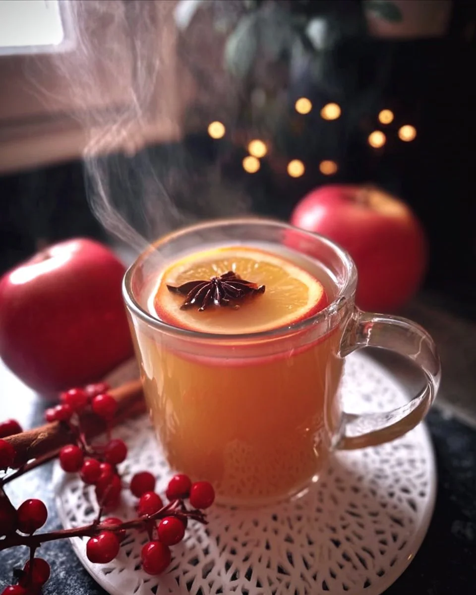 Cup of mulled apple juice with spices and apples for a warm drink.