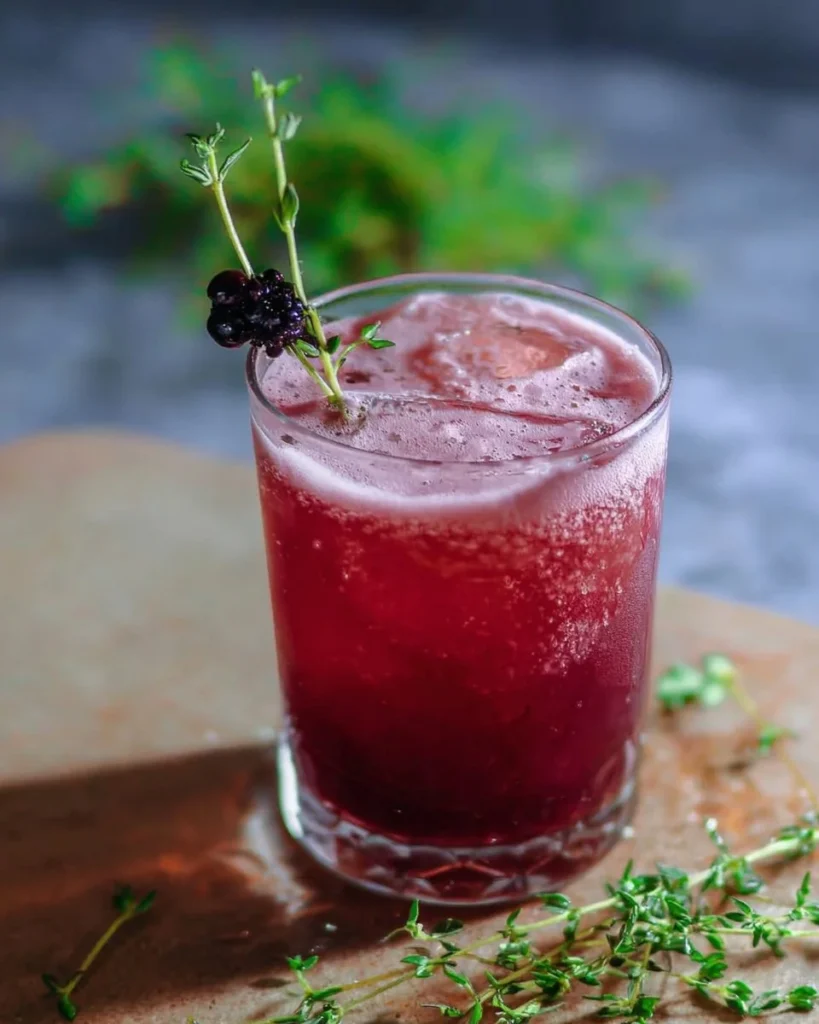 Refreshing nightshade blackberry thyme fizz cocktail with bubbles and herbs